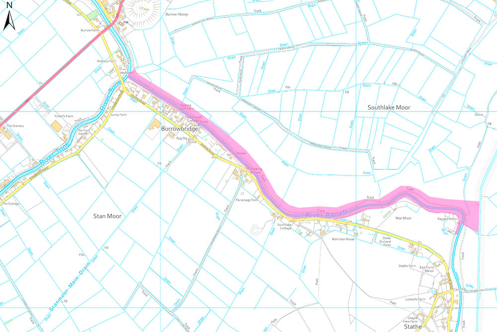 Map showing where River Parrett could be dredged between Stathe and Burrowbridge by Parrett IDB for Somerset Rivers Authority
