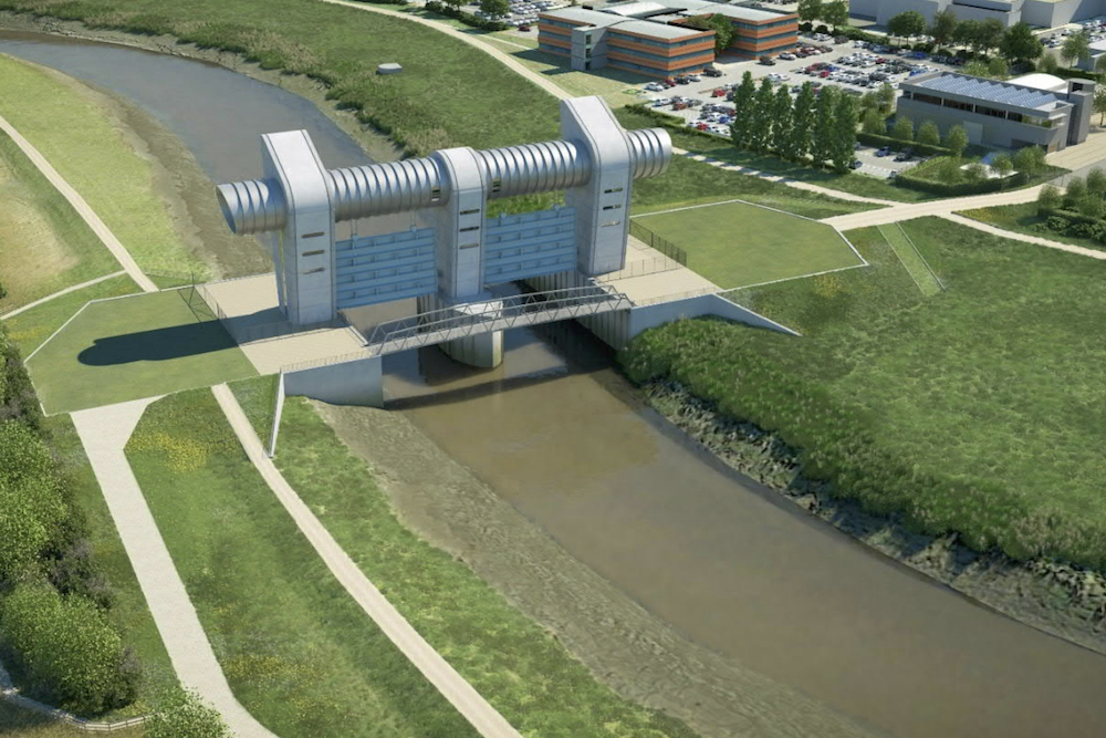 An artist's impression of Bridgwater Tidal Barrier in the River Parrett between Express Park and Chilton Trinity.