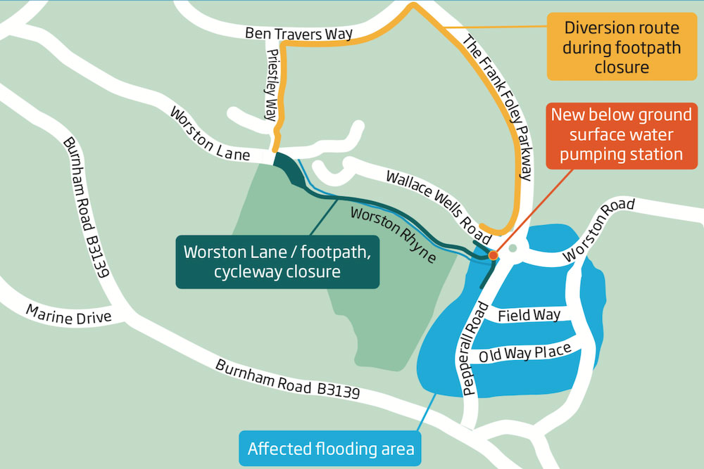 Map showing area around Field Way in Highbridge that has flooded and where Wessex Water will build a new pumping station to help protect homes.
