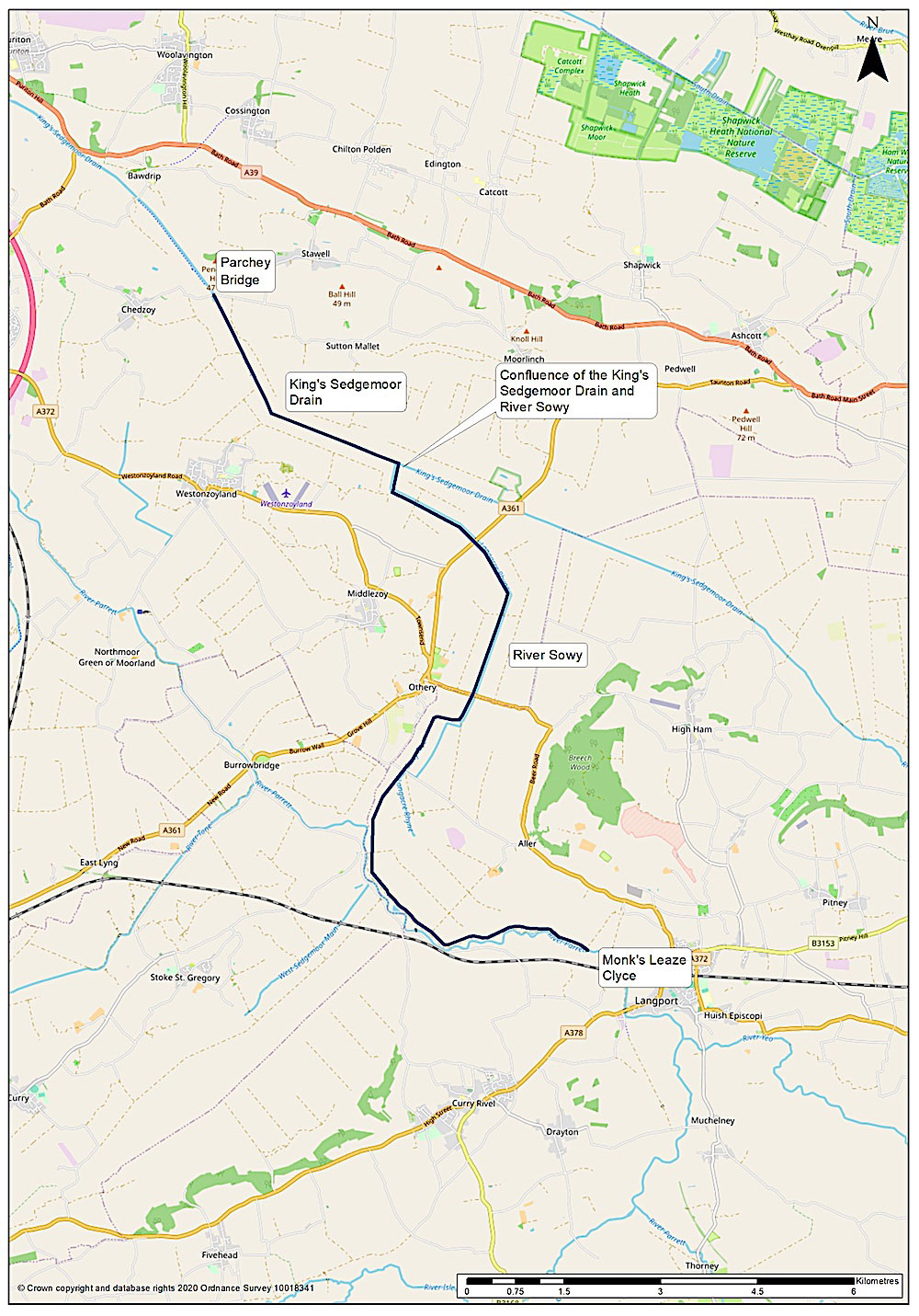 Map showing the course of the River Sowy from Aller near Langport down to its confluence with King's Sedgemoor Drain roughly between Westonzoyland and Moorlinch, and then the course of King's Sedgemoor Drain down to Parchey Bridge between Chedzoy and Stawell.