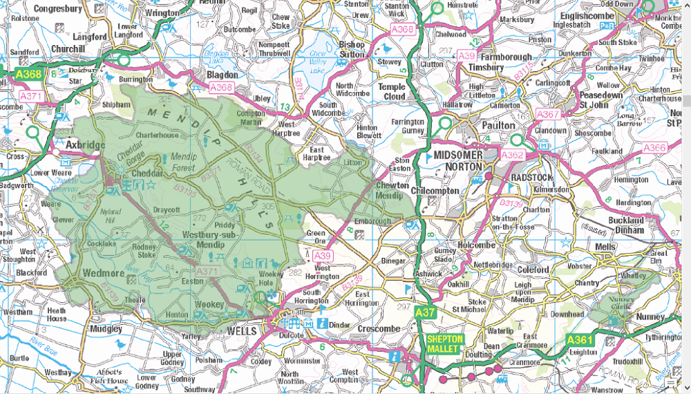 Map showing areas around Westbury-sub-Mendip and near Nunney where Bristol Water will be funding natural flood management measures in a 2021 online auction being run for Somerset Rivers Authority. 