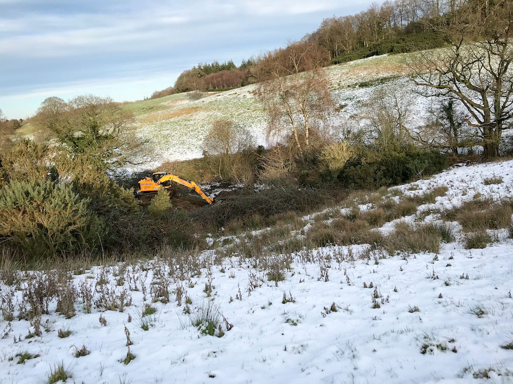 Snowy hills, bare trees at Witham Friary and an excavator desilting a pond.