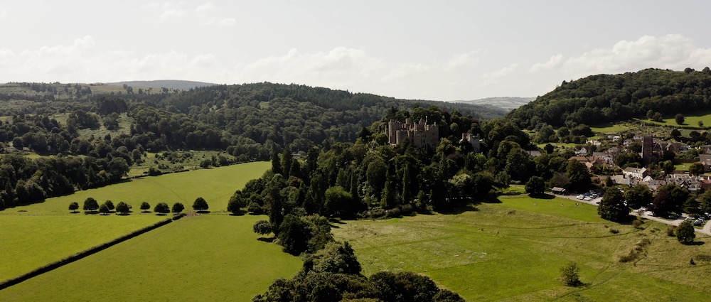 An aerial view of Dunster Castle, part of Dunster village and the surrounding flat and hilly landscape.