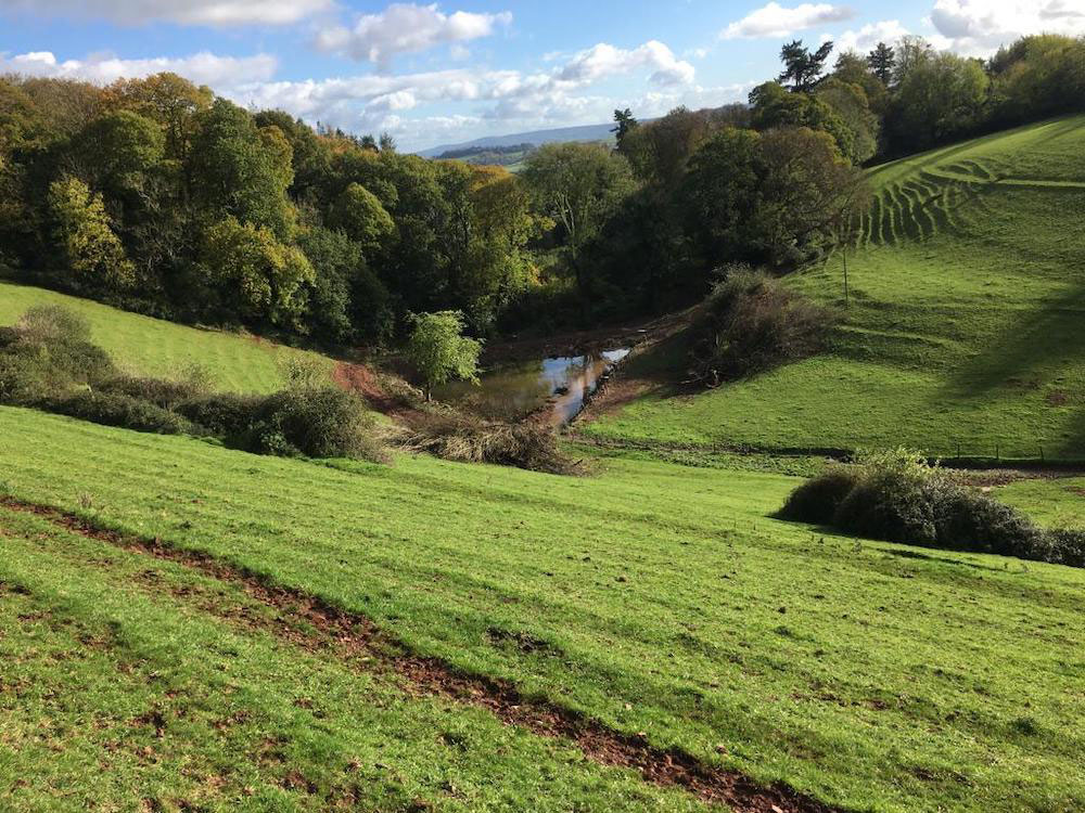 A de-silted reservoir tucked in the folds of an old green valley, with trees and views into the distance.